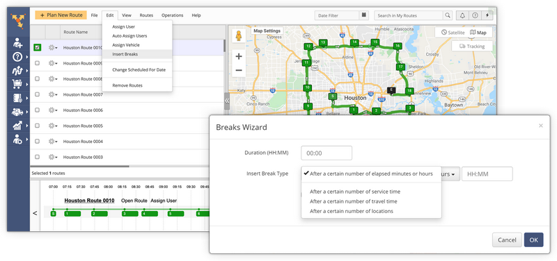 Route4Me provides multiple break insertion options.