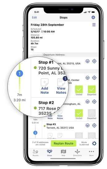 An example of a sample route inside the Route4Me iPhone mobile application.