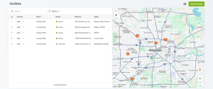 Screenshot of facilities dashboard showing Houston map with numbered location markers and facility list including warehouses, depots, and offices used in route planning software for logistics management.