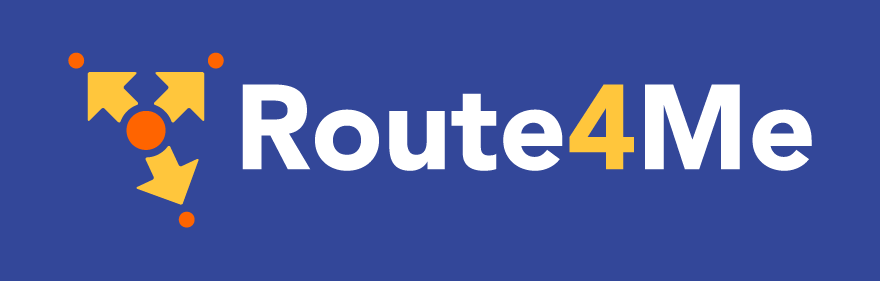 Correct usage - Logo on primary blue background: Route4Me symbol in orange/yellow with logotype reversed to white.