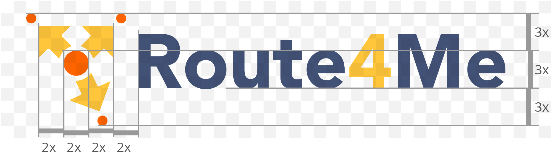 Correct usage - Logo specification diagram: shows Route4Me logo with arrows, dots, spacing multiples 2x horizontal and 3x vertical, ensuring fixed relation between symbol and logotype; geometry proportions must be preserved.